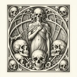 detailed realistic memento mori etching by cameron gray and karol bak, gothic ornament, skulls, bones, art nouveau, neogothic, ornate art nouveau botanicals, horizontal symmetry