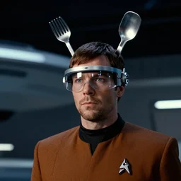 geordi la forge on the starship enterprise wearing futuristic visor and kitchen tools on his head, single image