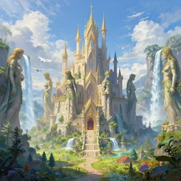 a beautiful digital painting of an elven castle, carried by gigantic human statues, huge waterfalls, lovely valley by James Gurney, by Greg Rutkowski, concept art, volumetric lighting, intricate, vivid colors, octane render, trending on artstation, 8k