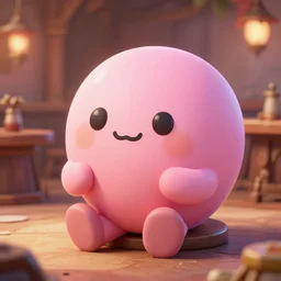 chibi happy pink sphere sitting in a d & d fantasy tavern, 4 k, ultra realistic, octane render