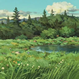meadow with a pond and background forest, evening, highly detailed, low angle view, studio ghibli, artstation