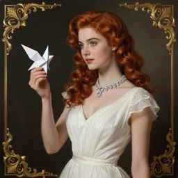 A beautiful digital art. She coalesces into a tall woman in a white dress, diamonds around her neck, hair carefully arranged in auburn waves, young and old at the same time. origami by Don Maitz, by Anders Zorn ornate