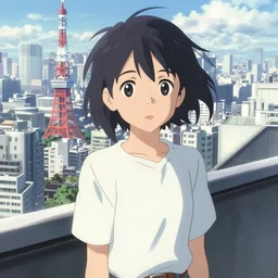 anime film visual of a black haired boyish girl wearing shirts on rooftop sightseeing bright tokyo cityscape by makoto shinkai, cute face by yoh yoshinari, katsura masakazu, detailed