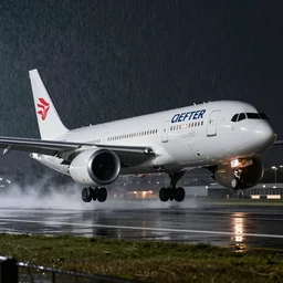 beautiful, detailed photo of a boeing passenger jet airplane, landing at on a runway in heavy visible rain at night, professional photography, 8 k, dramatic lighting, adobe photoshop