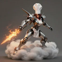 daemonic mecha girl chef cook, dynamic pose, in clouds, on fire, ion thrust, by greg hildebrandt, studio lighting, muted colors, by terry richardson, concept art by leonardo davinci, extreme detail, volumetric, reflective, trending on artstation, 8 k