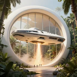 aztec space ship taking off from the jungle, by tim blandin and arthur haas and bruce pennington and john schoenherr, big windows architecture by zaha hadid, octane render, warm colour scheme, white, cinematic, scenery, cgsociety, modernism, futuristic, trending on artstation, sci - fi, high detail, high quality, close up angle