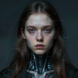 beautiful young girl pensive cyborg face, by emil melmoth zdzislaw beksinki craig mullins yoji shinkawa realistic render ominous detailed photo atmospheric by jeremy mann francis bacon and agnes cecile ink drips paint smears digital glitches glitchart