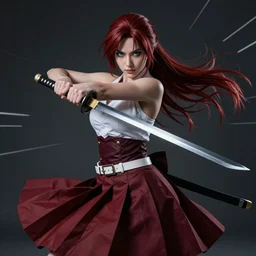 dslr, beautiful erza scarlet fighting posing with a katana sword and wearing a skirt, portrait photo, real photo, real camera, extreme detailed face and body, high quality, moody lighting, fast paced lines, sharp quality, enchanting, 8 k