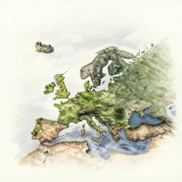 a beautiful island flying over europe, doodle, pencil art, ultra - wide angle
