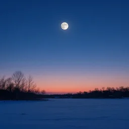 a winter scene with the moon rising above the horizon by lisa frank