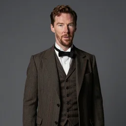 a studio photograph of Benedict Cumberbatch wearing vintage, British clothes
