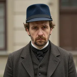 thirtysomething years old lee evans as a ( ( ( sad ) ) ), nice, quirky 1 9 th century, austrian postman. detailed soft focus natural lights, portrait by gustave courbet