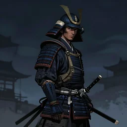 a side view of a samurai,dramatic,night time,digital art,detailed,art by greg rutkowski,trensing on deviantart