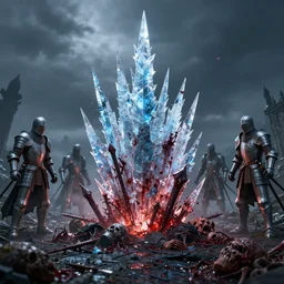 highly detailed bloody ice spikes are errupting from the ground by magic, a group of knights in plate - armor impalent by bloody stakes, horrible death on the spot, gloomy lights in the sky, octane render, unreal engine, hyperrealistic
