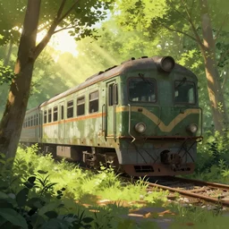 an abandoned train overgrown with trees and vegetation, painting, digital art, digital illustration, artstation, by aenami alena, sunny, god rays