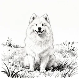 a samoyed dog sitting in the middle of sunny meadow, ink sketch