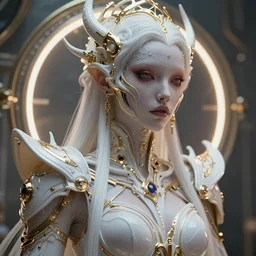 a photo of 8k ultra realistic corrupted lovecraftian cyber queen, intricate white and gold neon, ornate, cinematic lighting, trending on artstation, 4k, hyperrealistic, focused, high details, unreal engine 5, cinematic, masterpiece