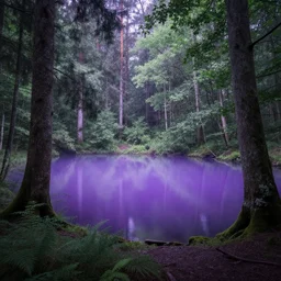 ethereal forest with a purple lake