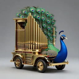 steampunk peacock concept truck modeled to look like a peacock with a tall brass pipe organ on the back with blue, the tailfeathers are brass organ pipes, green and purple accents and lights, hyper realism, studio lighting