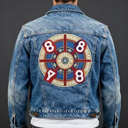 back patch of triskelion on a jeans jacket. 8 0's