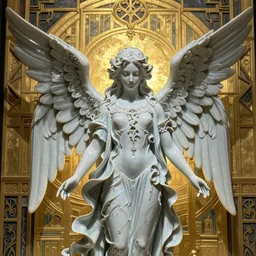 gothic angel falling from heaven, A Close up photo-real delicate ceramic porcelain sculpture of a symmetrical ornate detailed in front of an intricate background by Victo Ngai and takato yamamoto, micro detail, backlit lighting, golden ratio, face in focus, subsurface scattering, translucent, art deco, octane renderer, colorful, physically based rendering, gold leaf mural