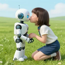 a girl kissing a robot filled with life on a grass field by greg rutkowski