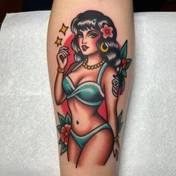 mark zuckerberg, stylized as an american traditional tattoo pinup girl,