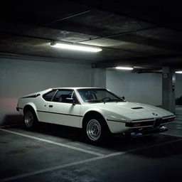 1979 BMW M1, inside of an badly lit 1970s parking garage, ektachrome photograph, volumetric lighting, f8 aperture, cinematic Eastman 5384 film