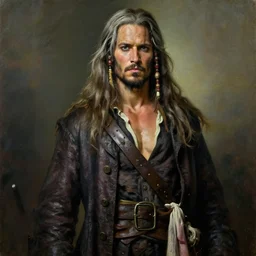 portrait oil painting, 3 0 years old rugged masculine muscular male, pirate long soft flowing silver hair, upper body only open long coat elegant rugged handsome, bussiere rutkowski andreas rocha, cinematic lighting 1 9 2 0 period drama, unreal, natural tpose