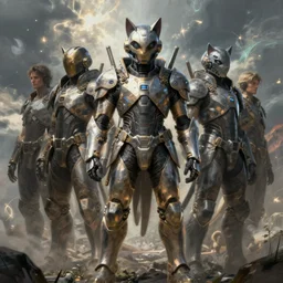 digital painting detailed fantastical cyberpunk armor with cat shaped helmet, craig mullins, vallejo, moebius, ian miller, wayne barlowe, greg rutkowski, mucha, brian froud, cinematic, full shot, symmetric