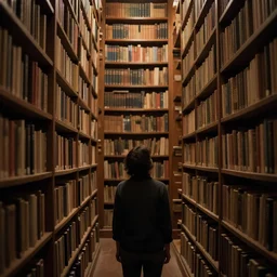 a person looking up into a dimly lit infinite library, painting