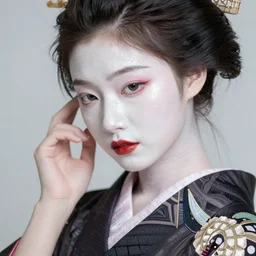 sexy glamorous young Geisha closeup portrait, beautiful pale makeup, pearlescent skin, elegant pose, very detailed, highly detailed kimono, photorealism, sharp focus, soft diffuse autumn lights, some sunlight ray, zen temple background, painted by Leonardo da vinci and moebius