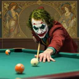 photography of the joker playing pool, deep focus, intricate, elegant, highly detailed, digital painting, artstation, concept art, matte, sharp focus, illustration, hearthstone, art by artgerm and greg rutkowski and alphonse mucha