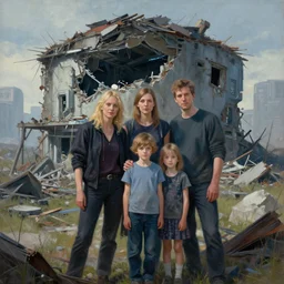 painting of a famaly photo in front of the destroyed house, futuristic cyberpunk style, dystopian, techno, fine details, magali villeneuve, artgerm, rutkowski