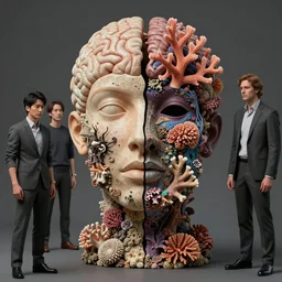bust, technology vs nature, split in half, falling out of the face, coral, the truly amazing part about this is that it increasingly appears our cortical evolution reflects this emergent tension, photorealistic by michael komarck, greg rutkowski, victo ngai, artgerm, willem claesz heda and j. dickenson