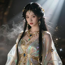 Portrait of a goddess with long black hair, diaphanous iridescent silks, intricate gold and crystal jewelry, gemstones, volumetric fog, glittery glowing dust, by WLOP!, by Alphonse Mucha!!, by Nebezial!!!!!!!!, highly detailed, Fantasy, smooth, sharp focus, high contrast cinematic lighting, God rays, harsh rim light, rendered in Arnold, rendered in Octane, trending on artstation, CGSociety,