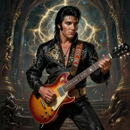 Elden Ring and Doom themed painting of powerful Elvis Presley with electric guitar, dark fantasy matte painting movie poster, golden ratio, trending on cgsociety, intricate, majestic, dark epic fantasy, trending on artstation, by H.R. Giger and Zdizslaw Beksinski, highly detailed, vibrant, cinematic quality character render; low angle; ultra high quality model; production quality cinema model