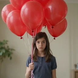 medium shot ultra high resolution photo of a shy young girl facing the camera with a quizzical expression holding dozens of red balloons, todd solondz, rebecca guay, artstation, artgerm, octane render