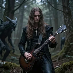 scandinavian metal band playing music in the forest as dark creatures seep out from behind trees, natural lighting, photography, long shot, high quality, highly detailed, 4 k,