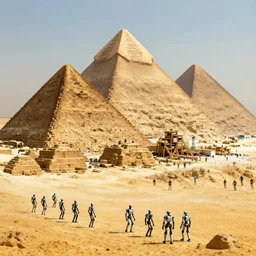 thousands of robots building the gizah pyramids, hyper detailed, realistic, artstation