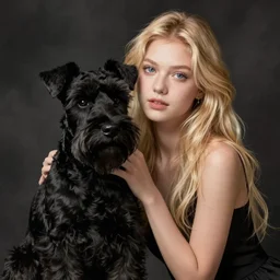 completely black german miniature schnauzer with blonde girl