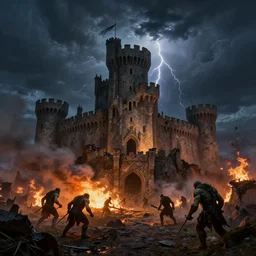 outside view of a medieval castle being attacked by orcs, night sky, volumetric shadow, thunderstorm, painted by greg rutkowski, fire, ruins, smoke, extremely detailed, semirealism, artstation, octane render, sharpness, 8 k, golden ratio
