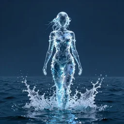 water art in the shape of a womens body, on the ocean water, water art, water sculpture, futuristic, glowing, hyper realistic, ray tracing, realistic water splashes, sharp focus, long shot, 8 k resolution, cinematic