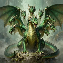a green dragon with 12 heads, fantasy concept art by J.M.W. TURNER