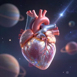 anatomical heart in space, mystical, ethereal. artstation, planets on background blur, light leak, bokeh, galaxy, meteor shower on side,