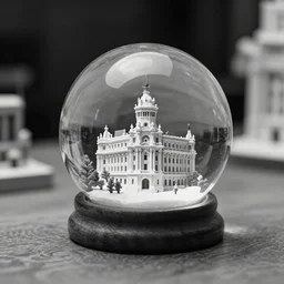 beautiful chema madoz black and white photograph of madrid inside a glass snow ball. stock photo. depth of field. studio lighting. reflections. wood. cozy. madrid iconic buildings. maquette. tilt shift. in the style of chema madoz