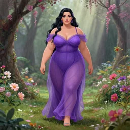 a stunning vector portrait of a thicc and voluptuous poison ivy dressed as palutena wearing a gossamer purple floor length dress walking through a flowering garden in the rain, intricate, elegant, highly detailed, artstation, concept art, ultra sharp focus, octane render, volumetric lighting, god rays, art by jugendstil and greg rutkowski and alphonse mucha