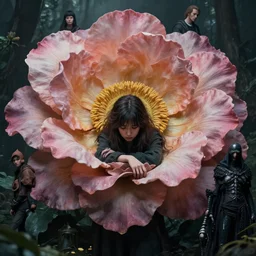 a fancy portrait of a giant flower guarded by a worrier by Greg Rutkowski, Sung Choi, Mitchell Mohrhauser, Maciej Kuciara, Johnson Ting, Maxim Verehin, Peter Konig, Bloodborne , 8k photorealistic, cinematic lighting, HD, high details, atmospheric , trending on artstation