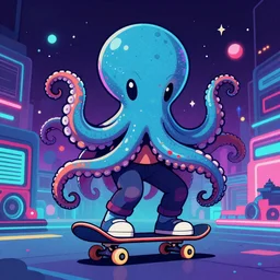 Chtulu octupus monster skateboarding, synthwave