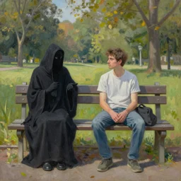 man sitting on park bench next to the grim reaper peaceful oil painting by Gil Elvgren sunny afternoon